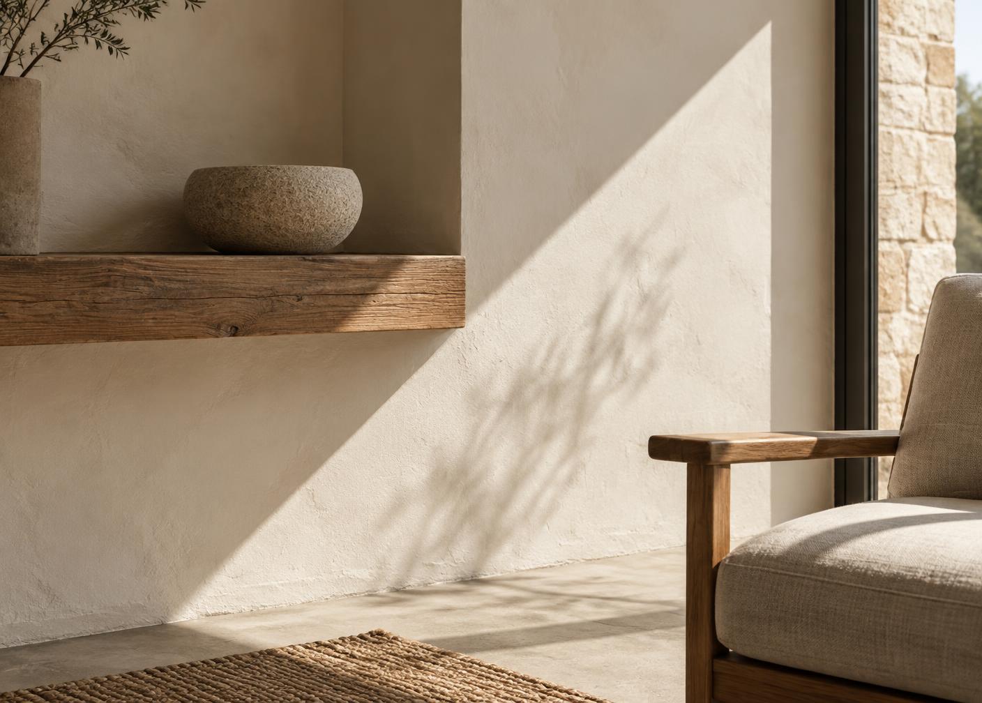 Sunlit corner of a plaster room with a timber shelf and a carved stone bowl