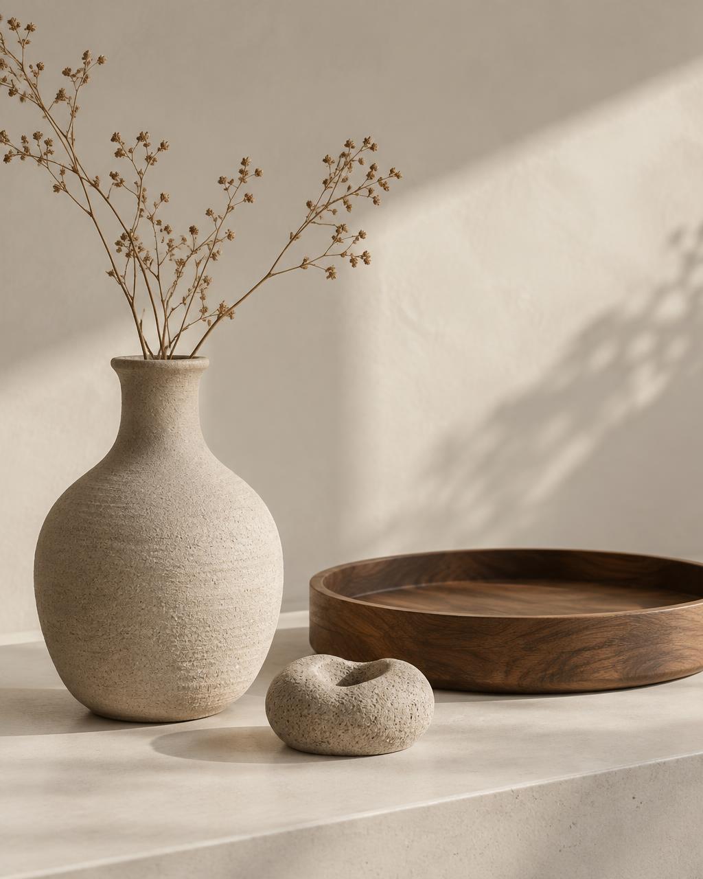Textured ceramic vase, a small stone object and a walnut tray on a ledge