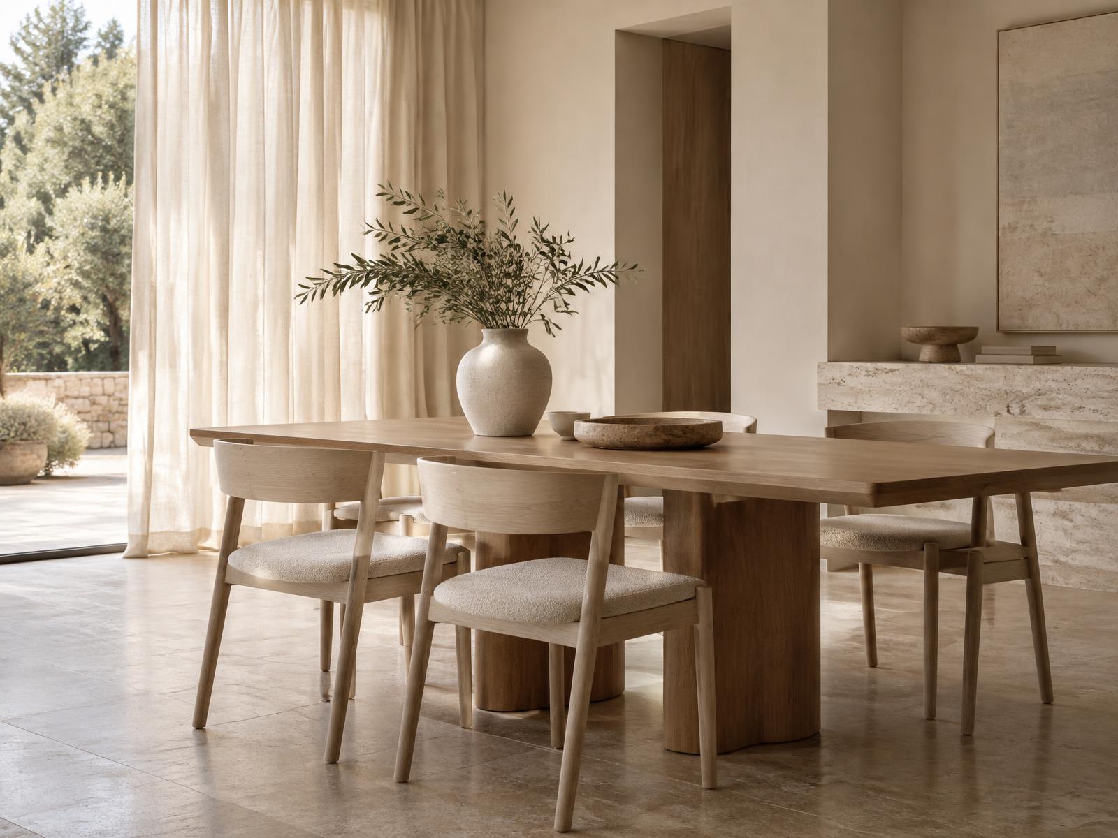 Dining room with pale ash chairs, a timber table and styled ceramics in daylight