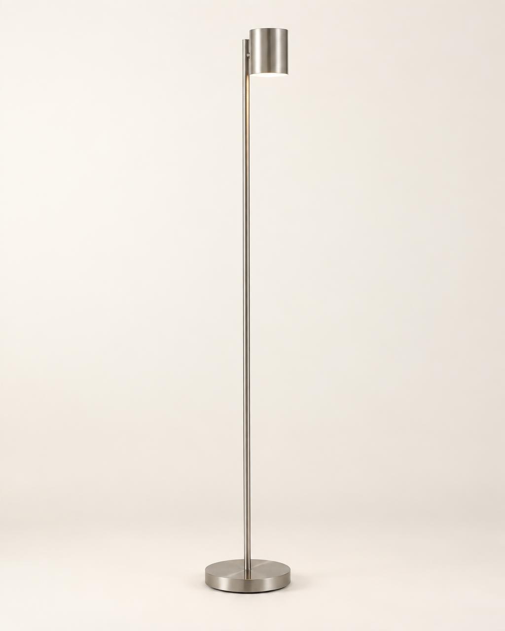 Alder floor lamp with a slender brushed aluminium stem and small shade