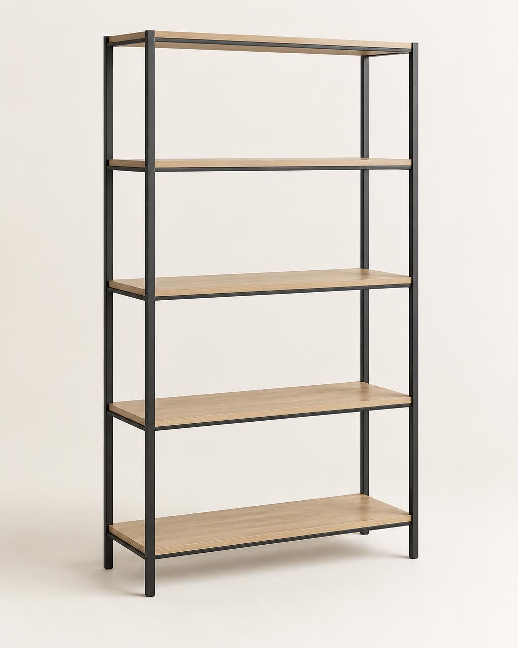Corrin shelving unit with a blackened steel frame and oak shelves
